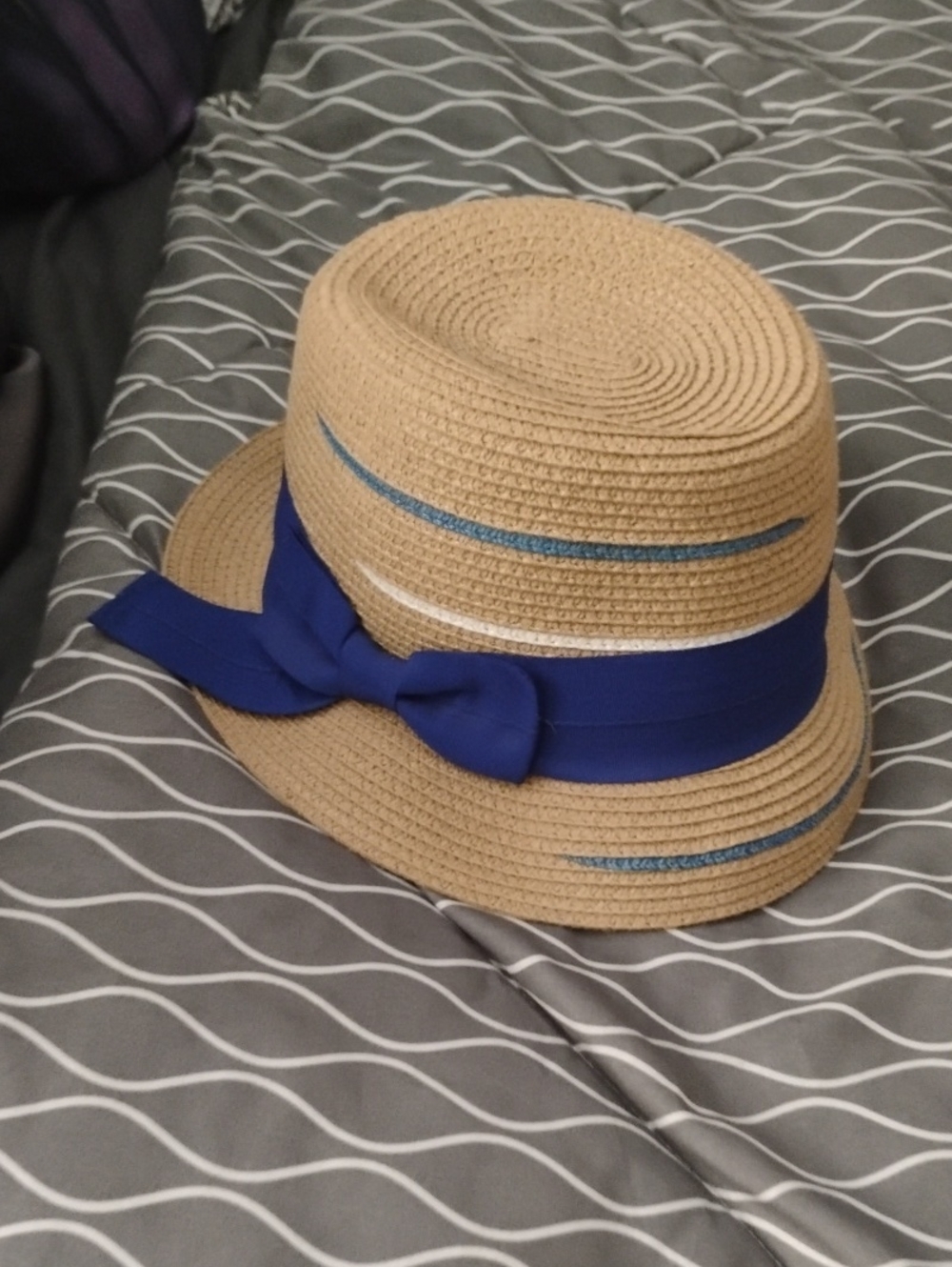 Straw Cloche Hat with Blue Ribbon